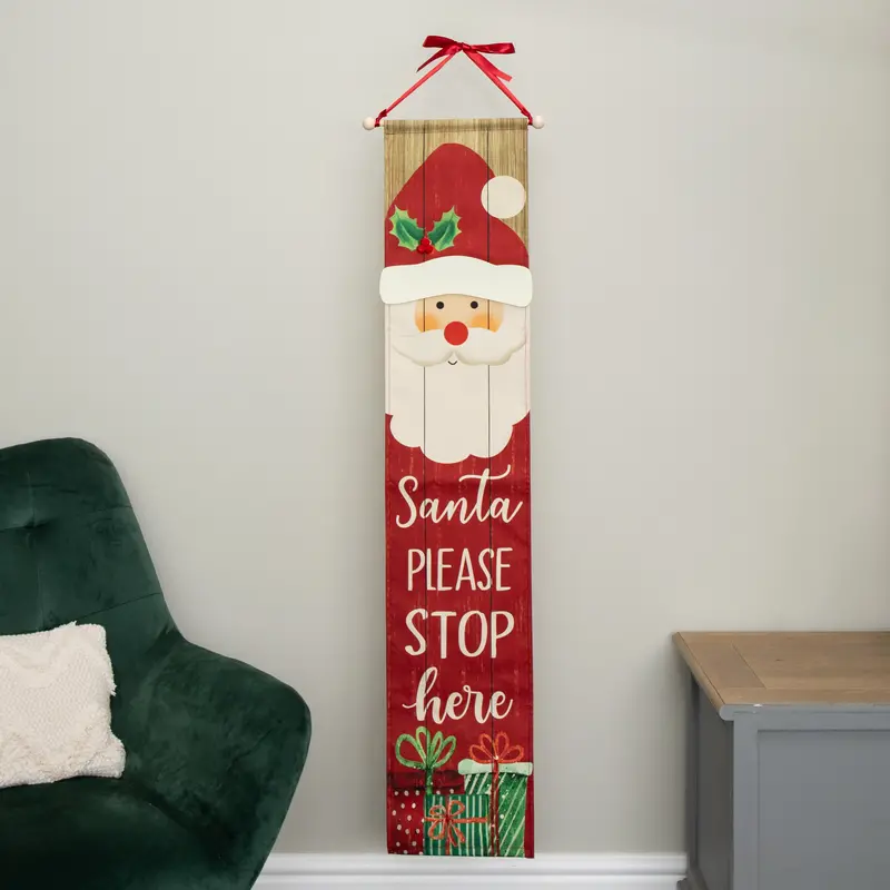 1.2M Illuminated Hanging Santa 'Stop Here' Fabric Banner With Led Lights 1