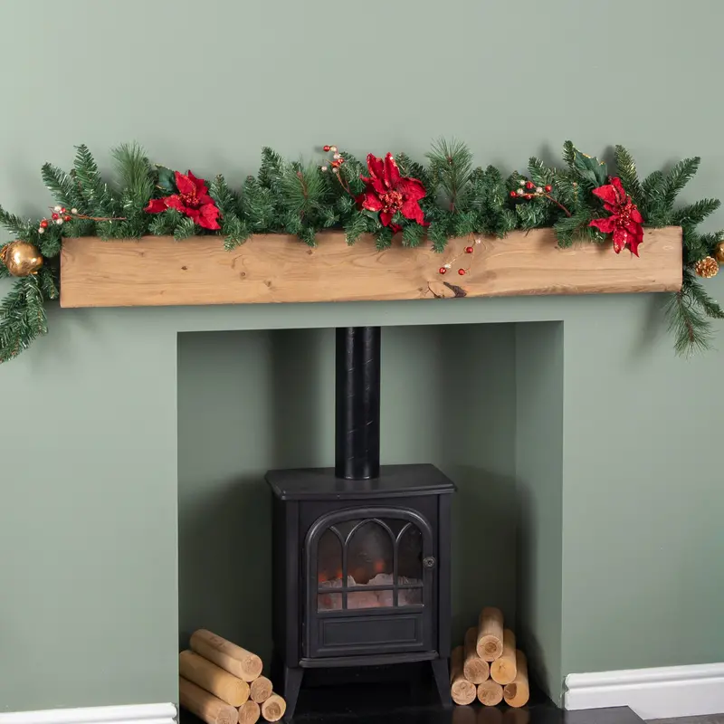 1.8M Deluxe Christmas Garland – Red & Gold Poinsettia Accents For Elegant Displays 1