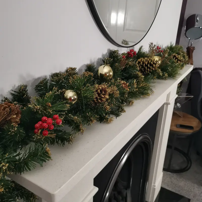 1.8M Gold-Finished Premier Garland – Embellished With Berries, Pine Cones, And Metallic Baubles 1