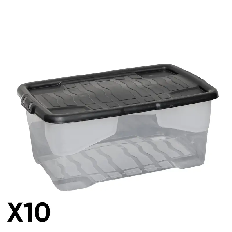 10-Pack Clear 42L Storage Boxes – Nestable Stackable Bins With Black Lids 1