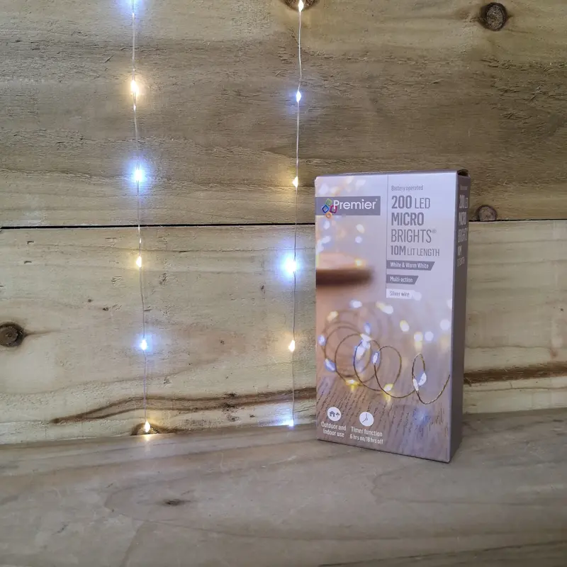 10M Premier Microbrights Christmas Lights – 200 Warm & Cool White Leds, Battery-Powered, Timer Enabled 1