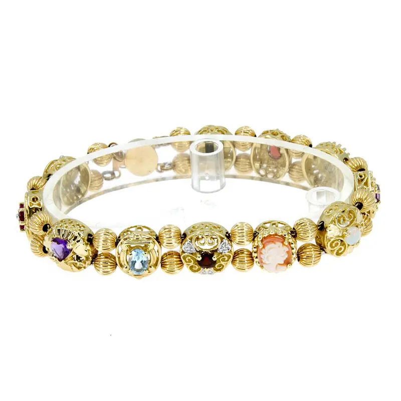 14K Gold Diamond And Multigem Slide Charm Bracelet 1