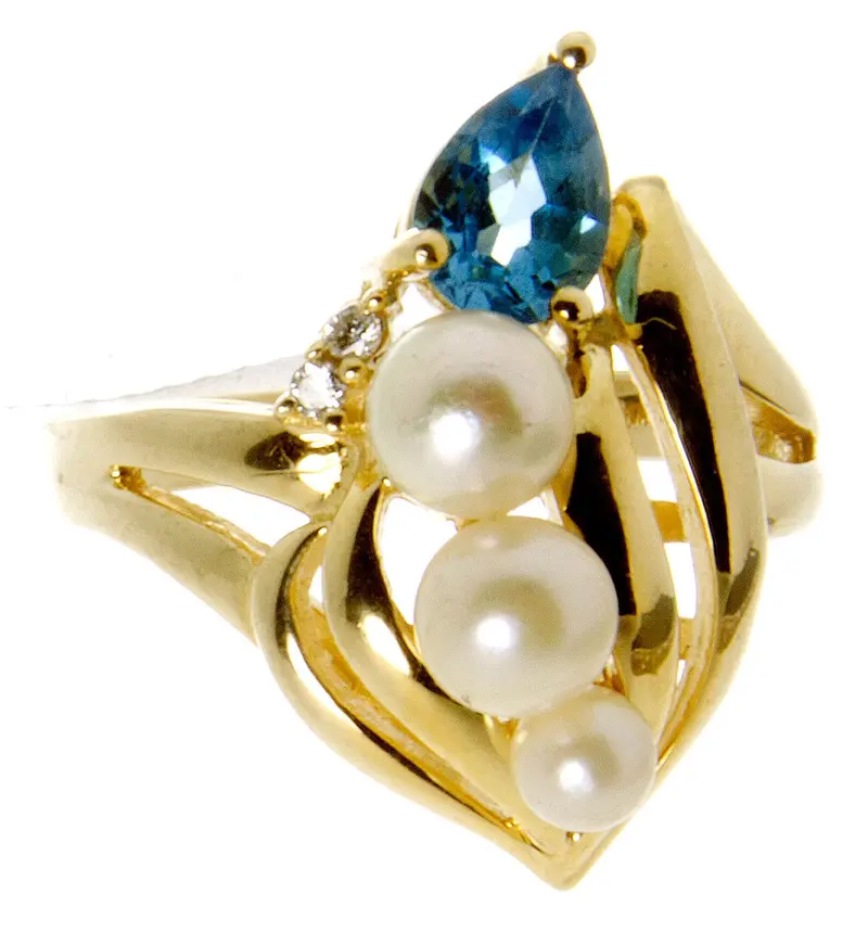 14K Gold Pearl, Blue Topaz, And Diamond Ring 1