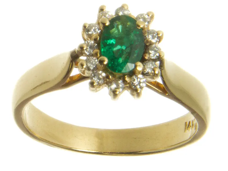 14K Yellow Gold Emerald And Diamond Halo Ring 1