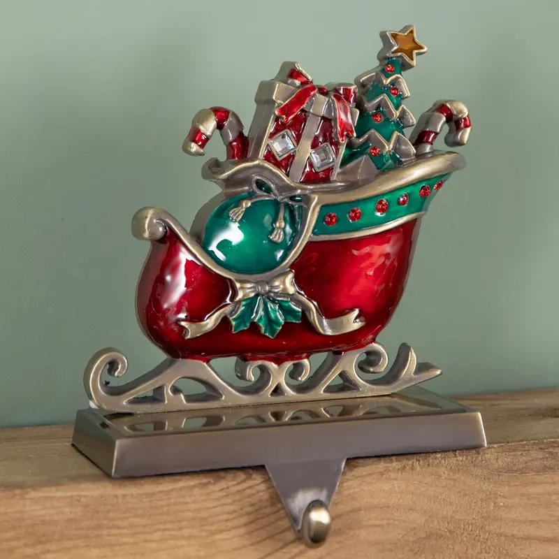 16Cm Santa Sleigh Stocking Holder – Red & Green Design With Wall Hook 1