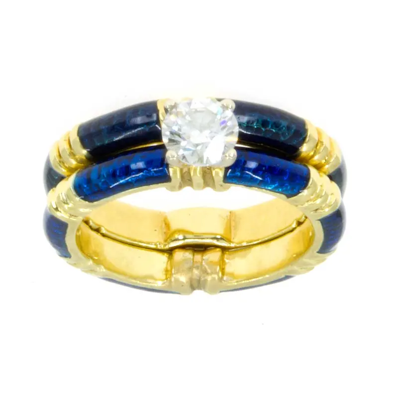 18K Gold Enamel And Diamond Bridal Set – Artisan-Crafted Matching Rings 1