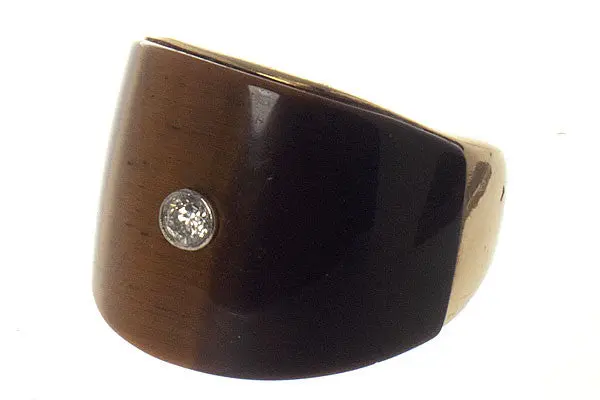 1950S Vintage Tiger’S Eye And Diamond Statement Ring In 14K Yellow Gold 1