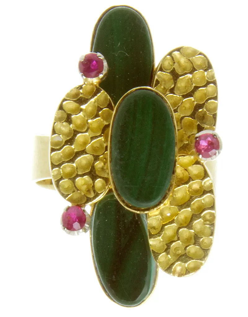 1970S 18K Tri-Color Malachite And Ruby Ring 1