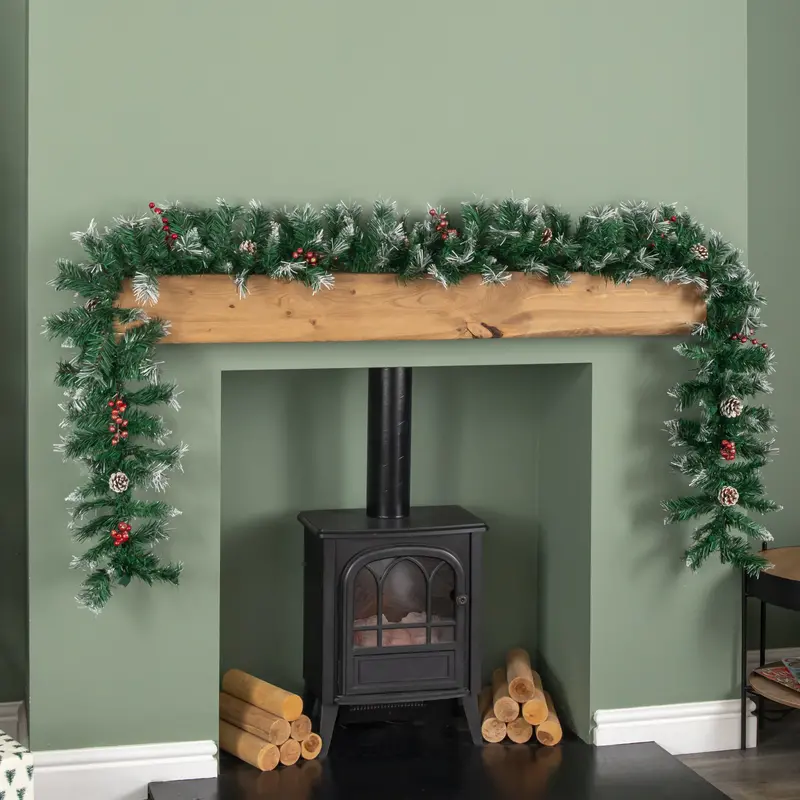 2.7M Mixed-Needle Pine Garland Adorned With Pine Cones & Red Berries 1