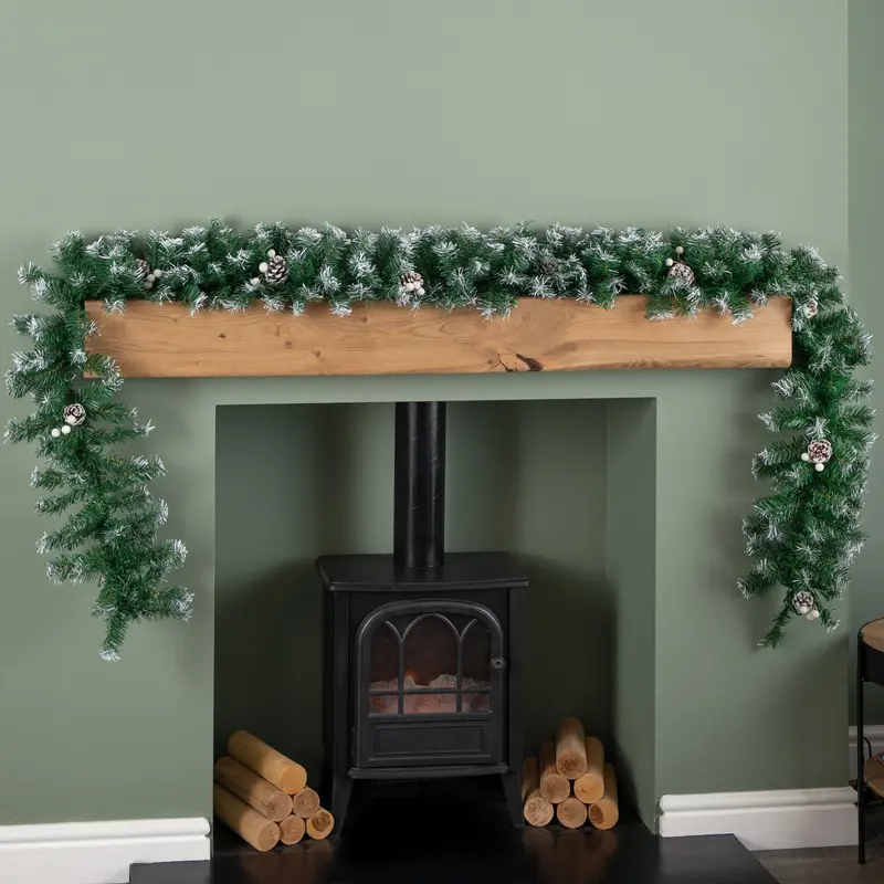 2.7M Snow-Dusted Green Garland With White Berries And Pine Cones 1