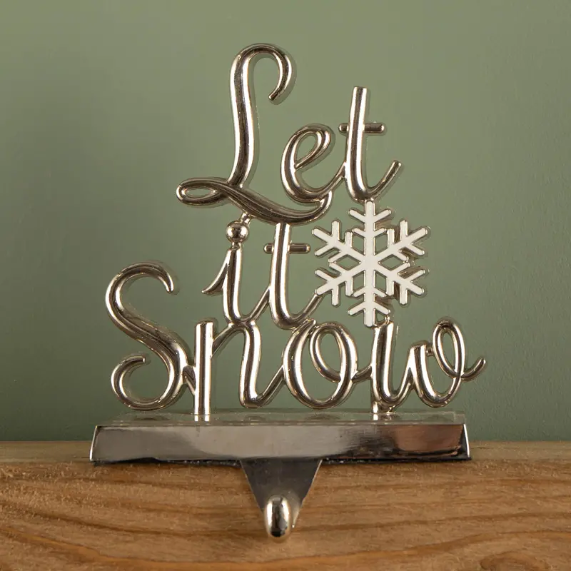 22Cm Silver 'Let It Snow' Stocking Hanger – Sleek Metallic Ornamental Hook For Holiday Mantels 1