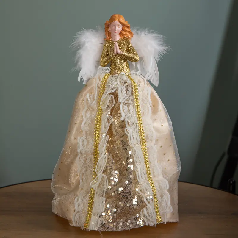 25Cm Gold Angel Tree Topper – Feather Wings, Festive Finish 1