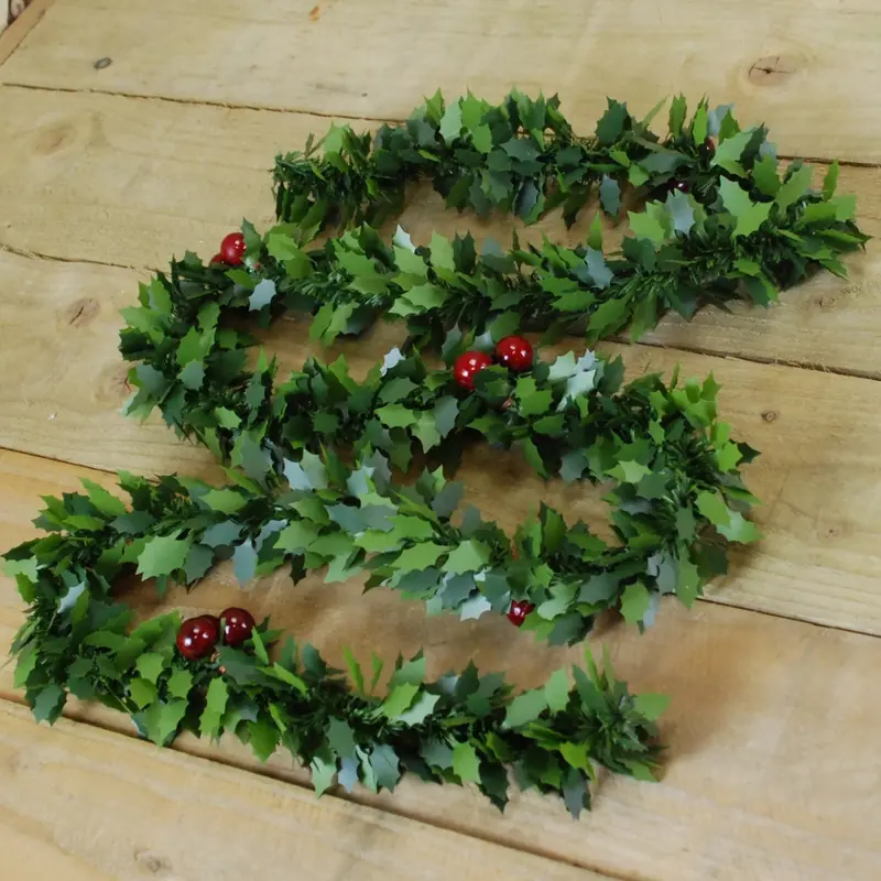 2M Holly Garland With Vibrant Red Berries And Metallic Tinsel Accents 1