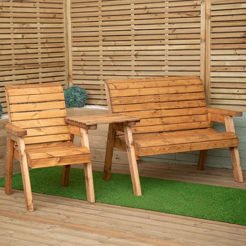 3-Piece Chunky Rustic Wooden Outdoor Seating Set With Tray 1