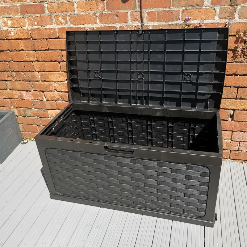 335-Litre Black Rattan-Style Outdoor Cushion Storage Box With Lift-Up Seat Lid 1