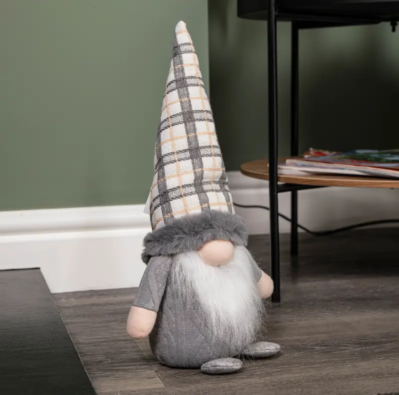 35Cm Grey Standing Gonk Christmas Decor With Tartan Cap 1