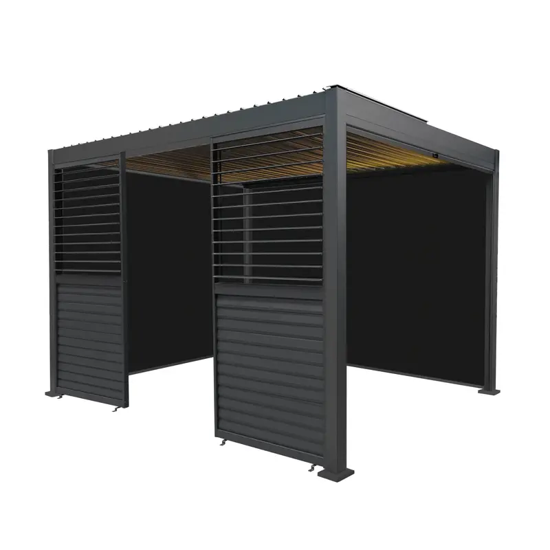 3M X 3M Anthracite Aluminium Pergola With Integrated Led Lighting, Blinds, And Side Panels 1