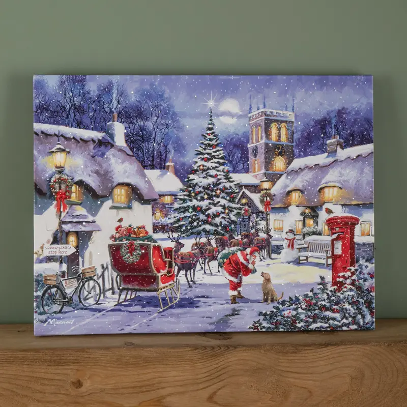 40X30Cm Battery-Operated Fibre Optic Wall Canvas: Santa & Village Scene 1