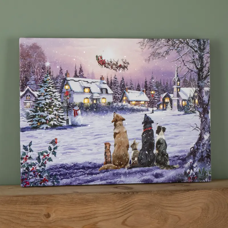 40X30Cm Battery-Powered Fibre Optic Wall Art: Dogs Watching Santa 1