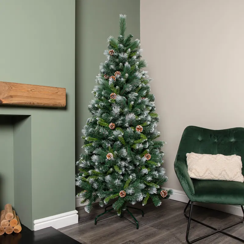 6Ft Frosted Glacier Pine Christmas Tree – 710 Tips, Pine Cones & Snow Accents 1