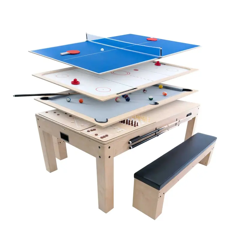 7-In-1 Oak-Finish Games Table With Dual Storage Benches 1