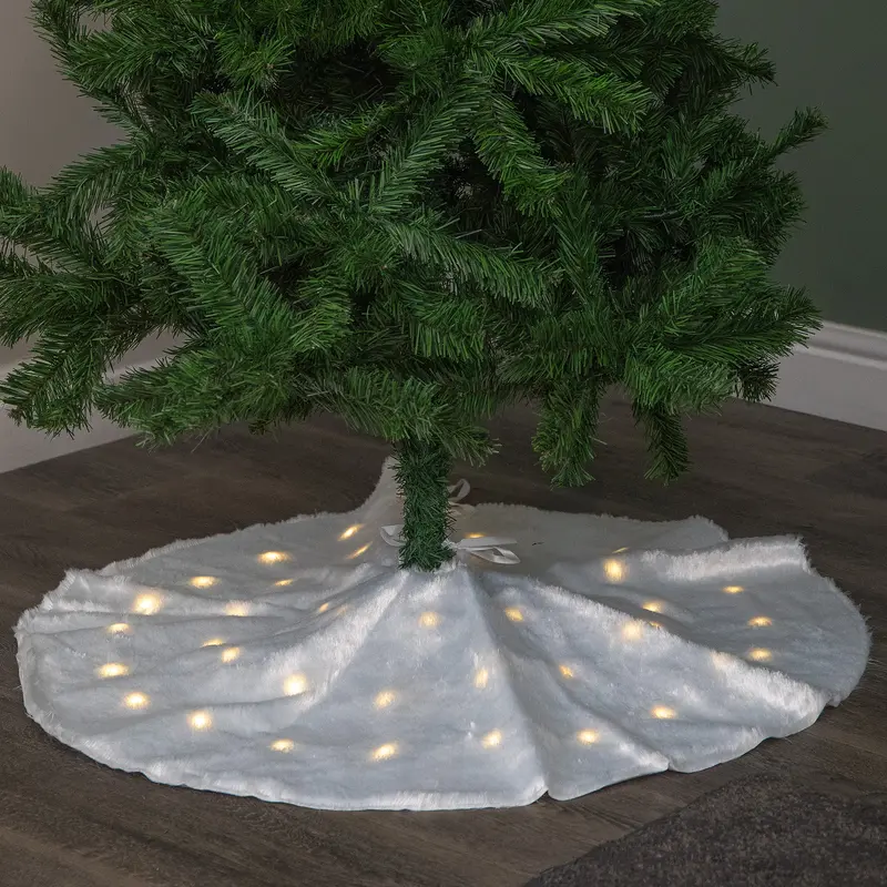 90Cm Usb-Powered White Fur Tree Skirt – Elegant Led-Illuminated Holiday Base 1