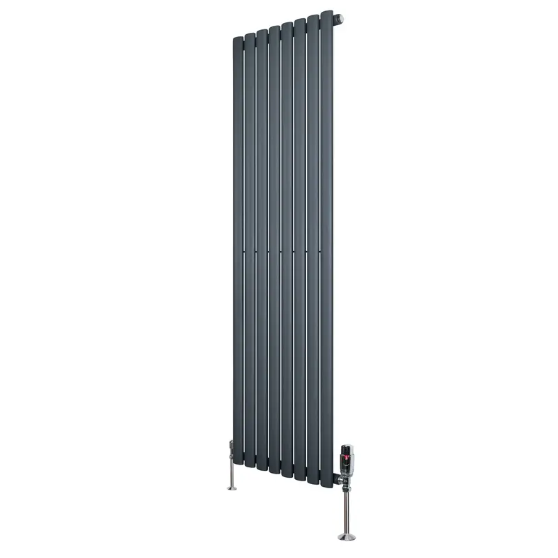 Anthracite Grey Oval Single-Column Radiator With Valves – 1600Mm H × 480Mm W 1