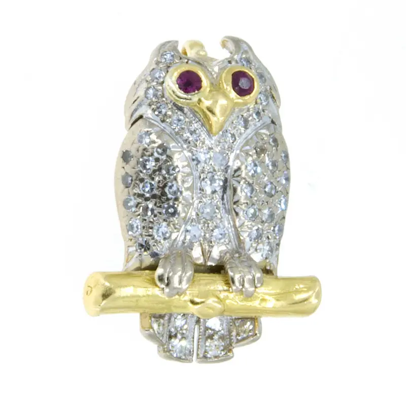Antique 18K Gold Owl Pin Or Pendant Featuring Diamonds And Rubies 1