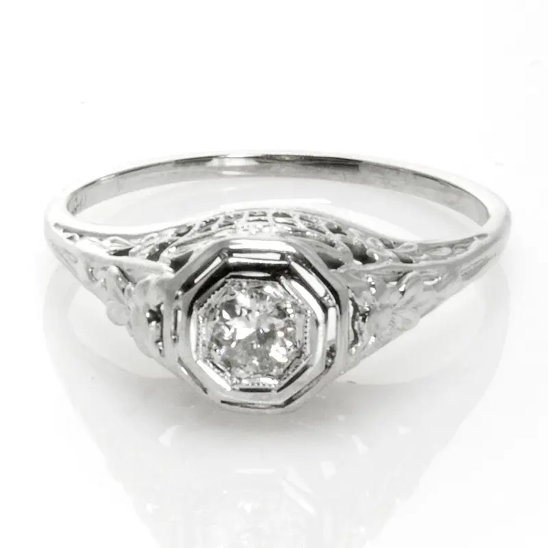 Art Deco Filigree Solitaire Diamond Ring In Platinum 1