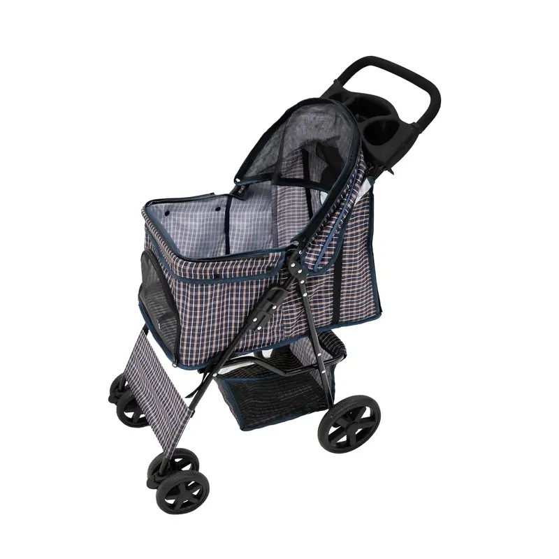 Blue Tartan Pet Stroller With Weatherproof Rain Cover Included 1