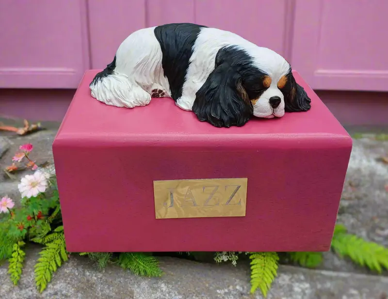 Cavalier King Charles Spaniel Urn In Pink Rainbow-Stained Solid Wood 1