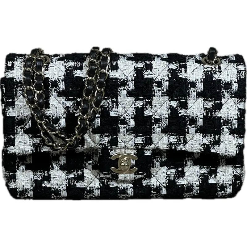 Chanel Black Ecru-White Tweed Quilted Medium Double Flap Bag 1