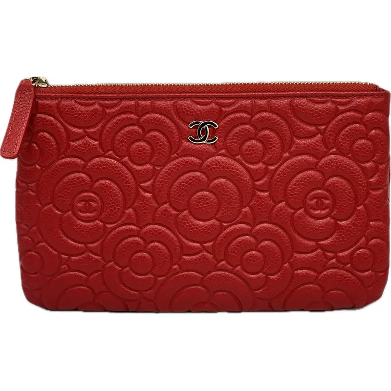 Chanel Red Caviar Leather Cosmetic Pouch – Camellia Embossed Front 1