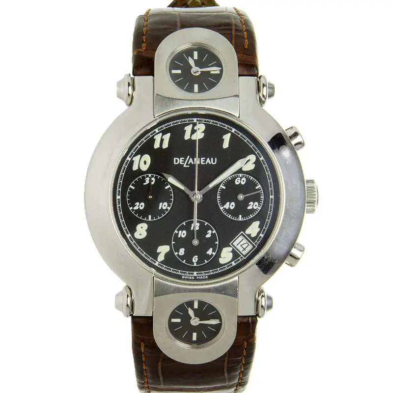 Delaneau Black Dial Three-Time-Zone Chronograph Watch 1