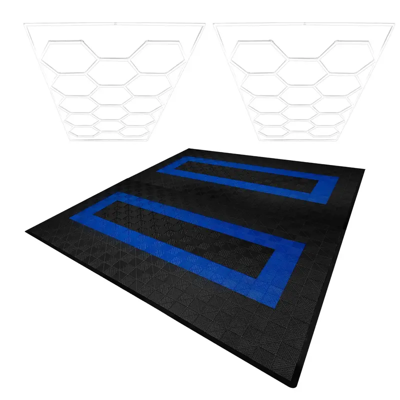 Dual Hexagonal Led Lights + 225-Piece Vented Garage Flooring Kit – Black & Blue Tiles With Edge Pieces 1