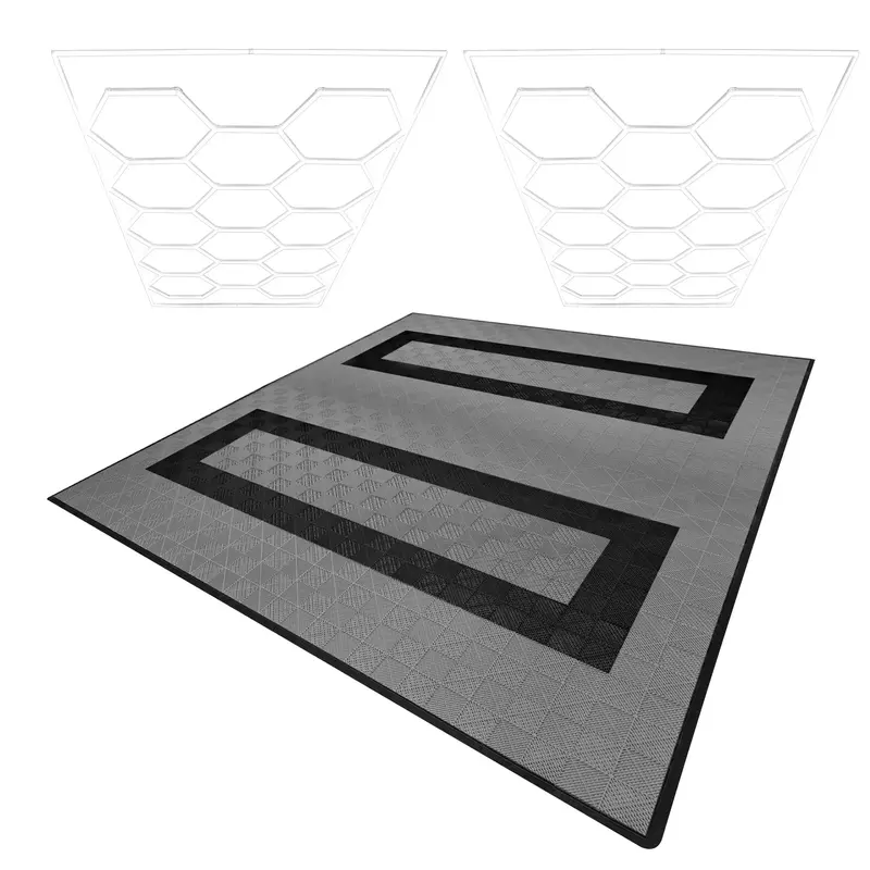 Dual Hexagonal Led Lights + 225-Piece Vented Garage Flooring Kit – Grey & Black Tiles With Edge Pieces 1