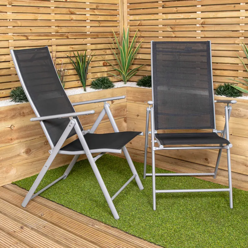 Dual Reclining Patio Chairs – Black & Silver Outdoor Folding Set 1