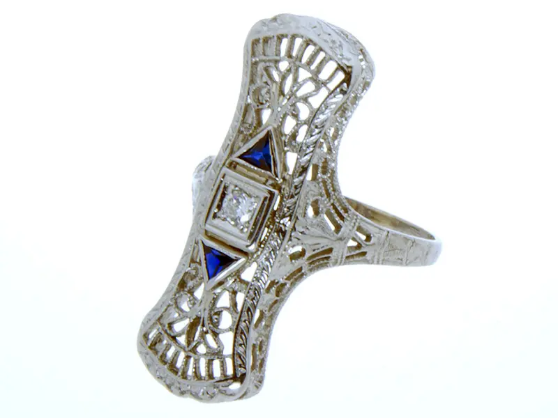 Edwardian Filigree Ring – Platinum Diamond And Sapphire Accent Band 1