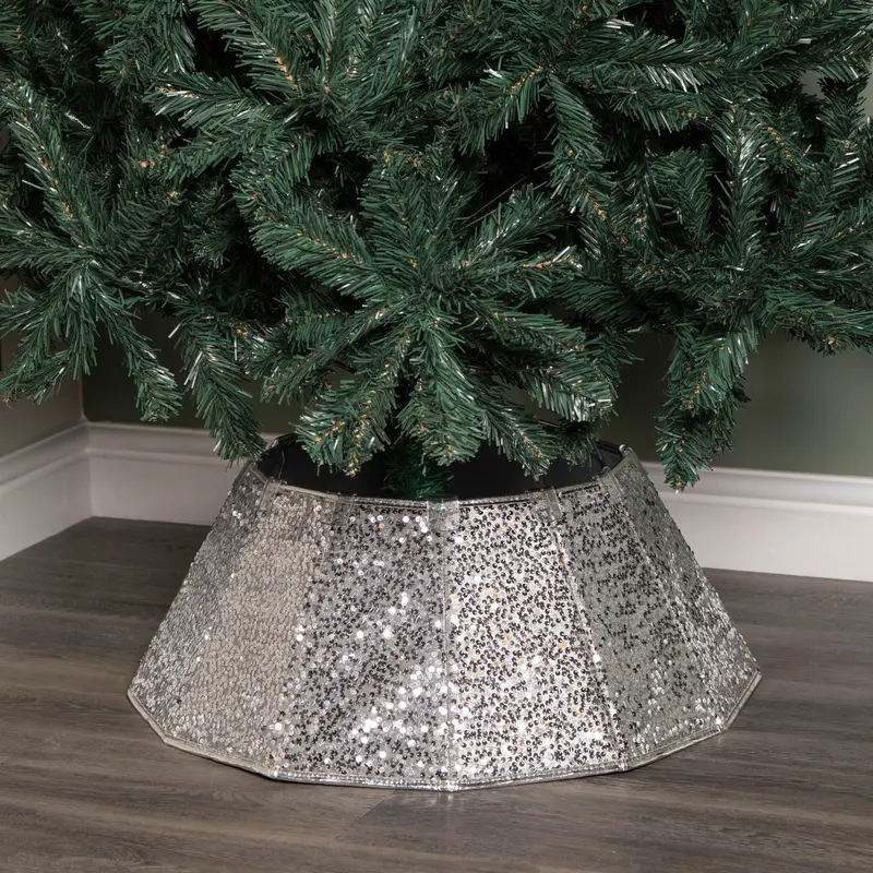 Foldable Silver Fabric Christmas Tree Skirt – 40Cm/68Cm Diameter With Sparkling Sequins 1