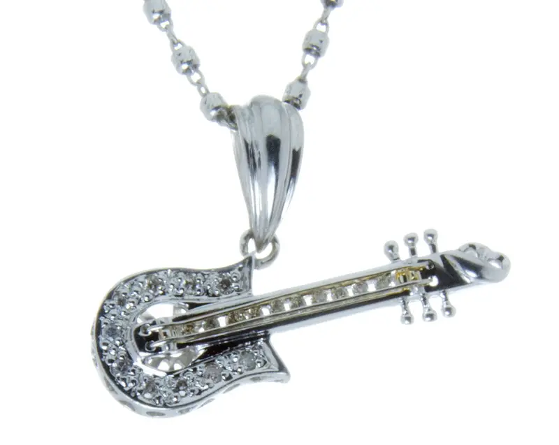 Gold Guitar-Shaped Pendant With Diamonds And Matching Chain 1