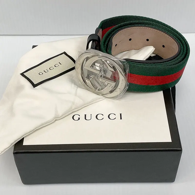 Gucci Green And Red Web Belt With Interlocking G Metal Buckle 1