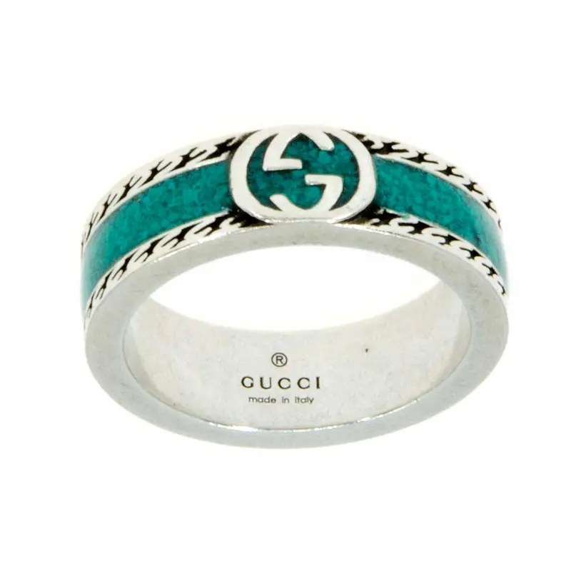 Gucci Interlocking G Ring In Sterling Silver With Turquoise Enamel Accents 1