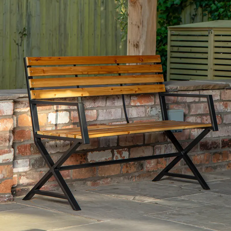 Kendal 2-Person Cross-Design Garden Bench – Metal Frame With Wooden Accents 1