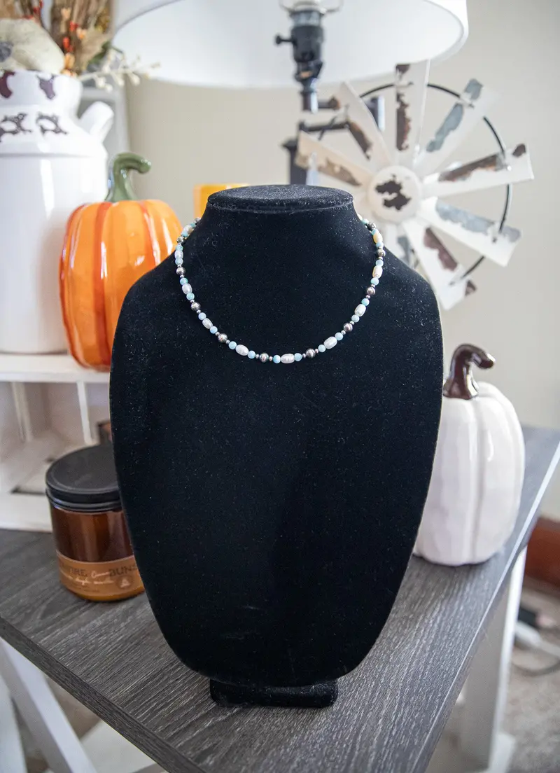 Larimar, Freshwater Pearl, And Sterling Silver Necklace (15–17") 1