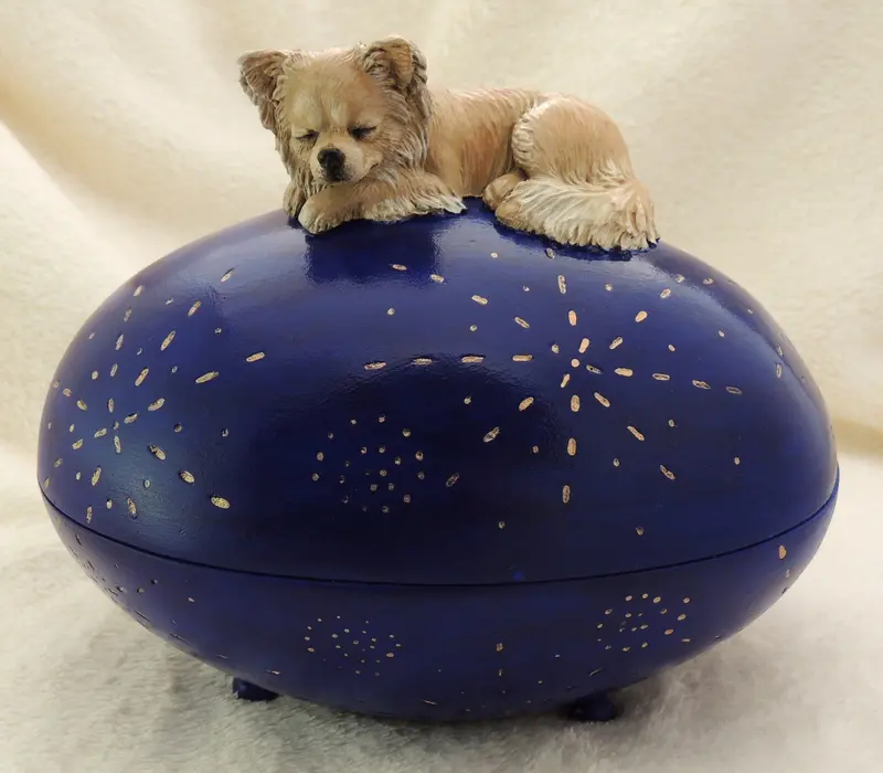 Long-Coated Chihuahua Keepsake Urn – Handmade Ceramic & Wood Memorial Box By Cavacast 1