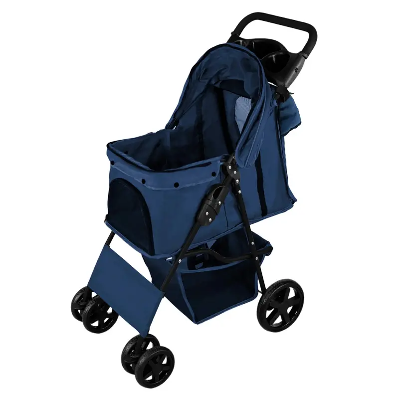 Navy Blue Pet Stroller With Waterproof Rain Cover And Expandable Caddy Bag 1