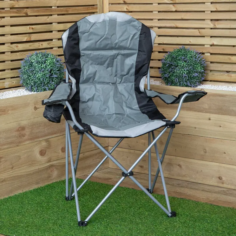 Padded High-Back Outdoor Folding Chair With Cup Holder – Grey 1