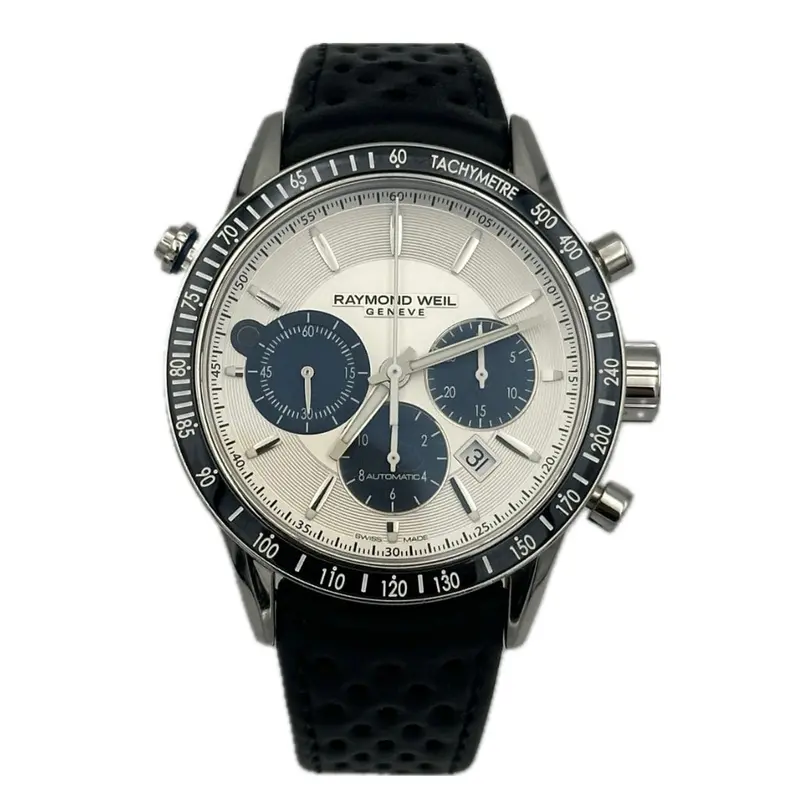 Raymond Weil Freelancer Chronograph – Silver Dial On Navy Blue Leather Strap 1