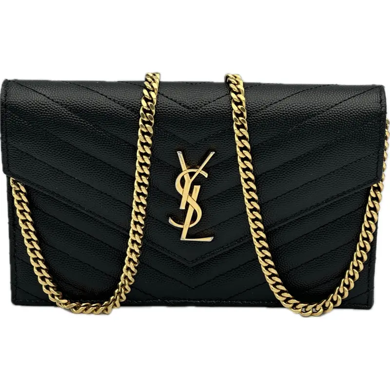 Saint Laurent Cassandre Envelope Chain Wallet In Black Grained Leather 1