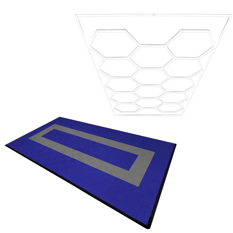 Single Hexagonal Led Light + 120-Piece Vented Garage Flooring Kit – Blue & Grey Tiles With Edge Pieces 1